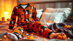 Shop Halloween pj designed with playful pumpkins and ghosts in a cozy bedroom setting.