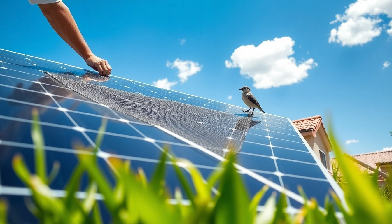 Effective bird proofing solar panels Phoenix with technician installing protective mesh against birds.