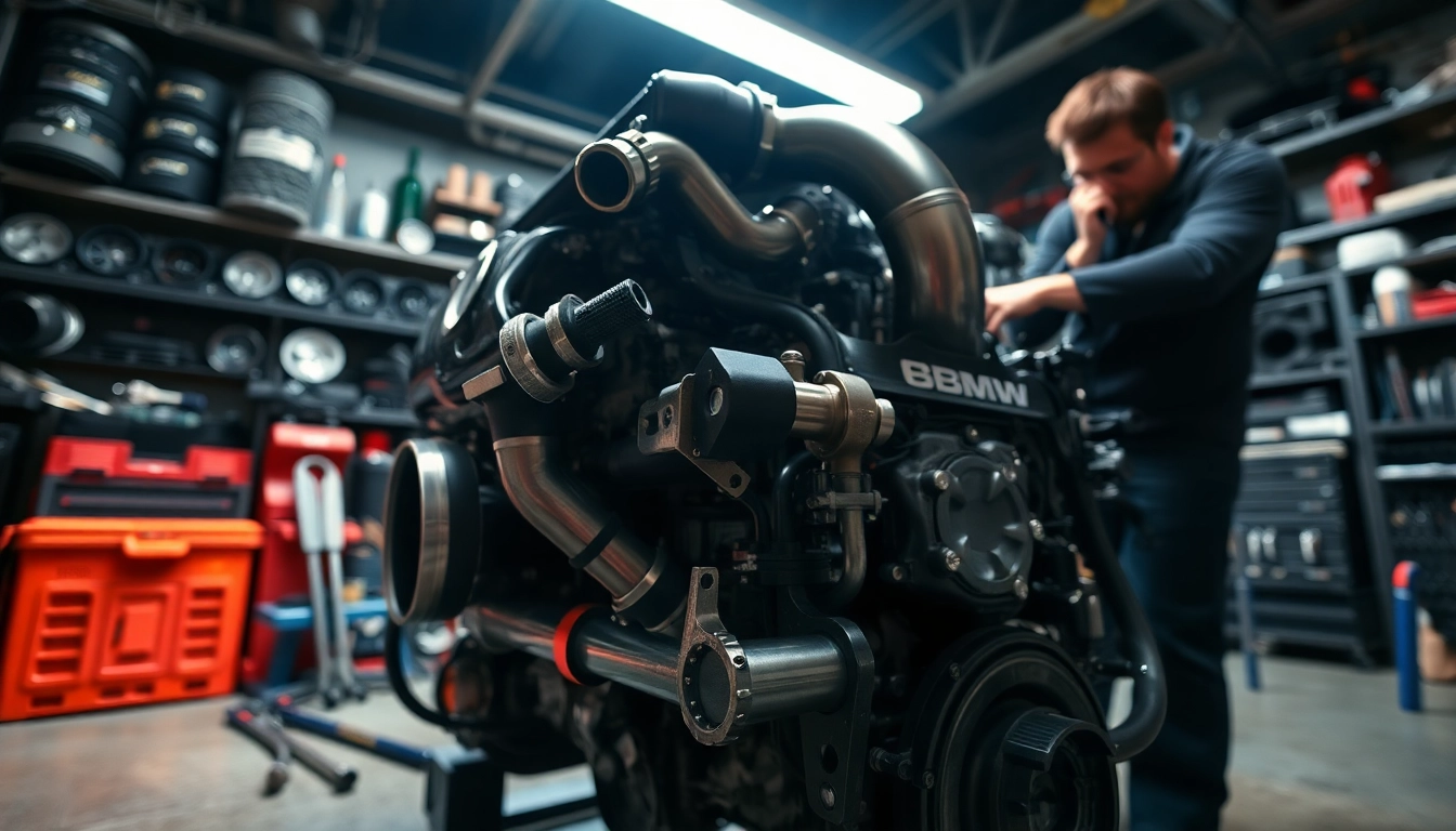 Installing a catless downpipe n55 on a BMW engine, showcasing performance parts and tools.