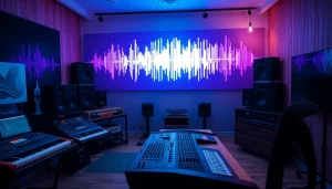 Crafting Bass house presets in a vibrant studio environment with high-tech gear.