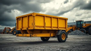 Showcase used dump trailer for sale near me in a rugged construction setting, featuring a bright yellow color and detailed textures.