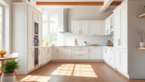 Stylish kitchen showcasing RTA white cabinets with contemporary design and inviting ambiance.