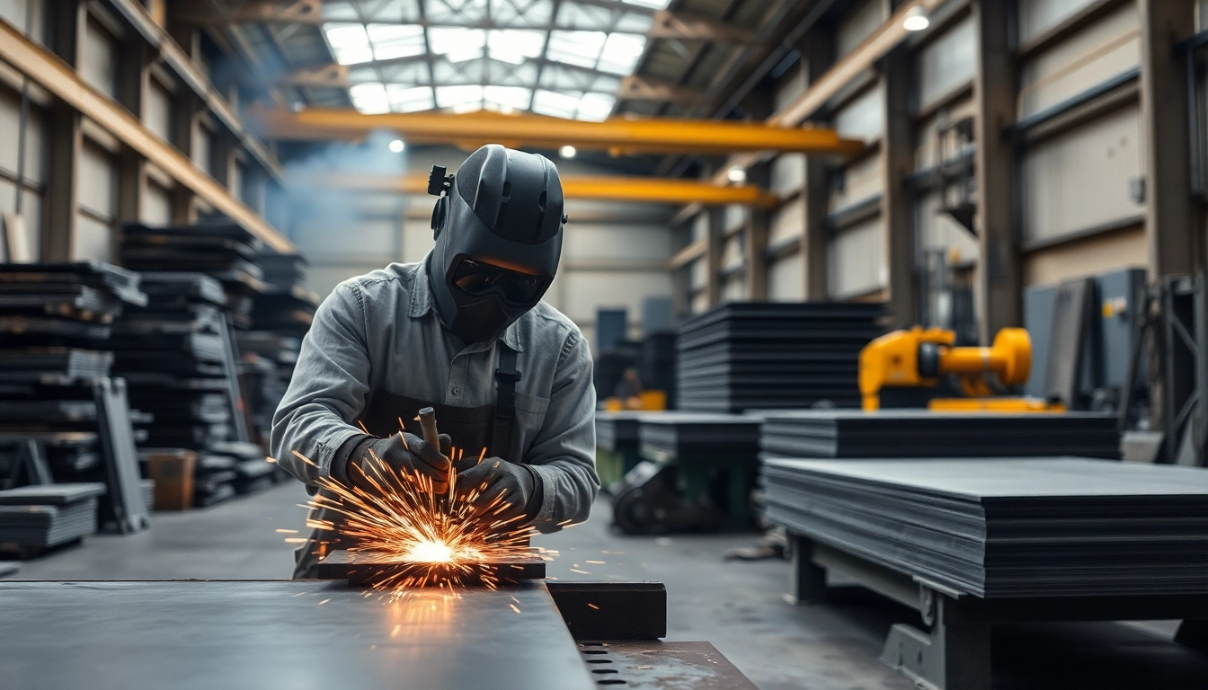 Welder at a steel fabrication shop demonstrating skillful techniques in a vibrant workshop.