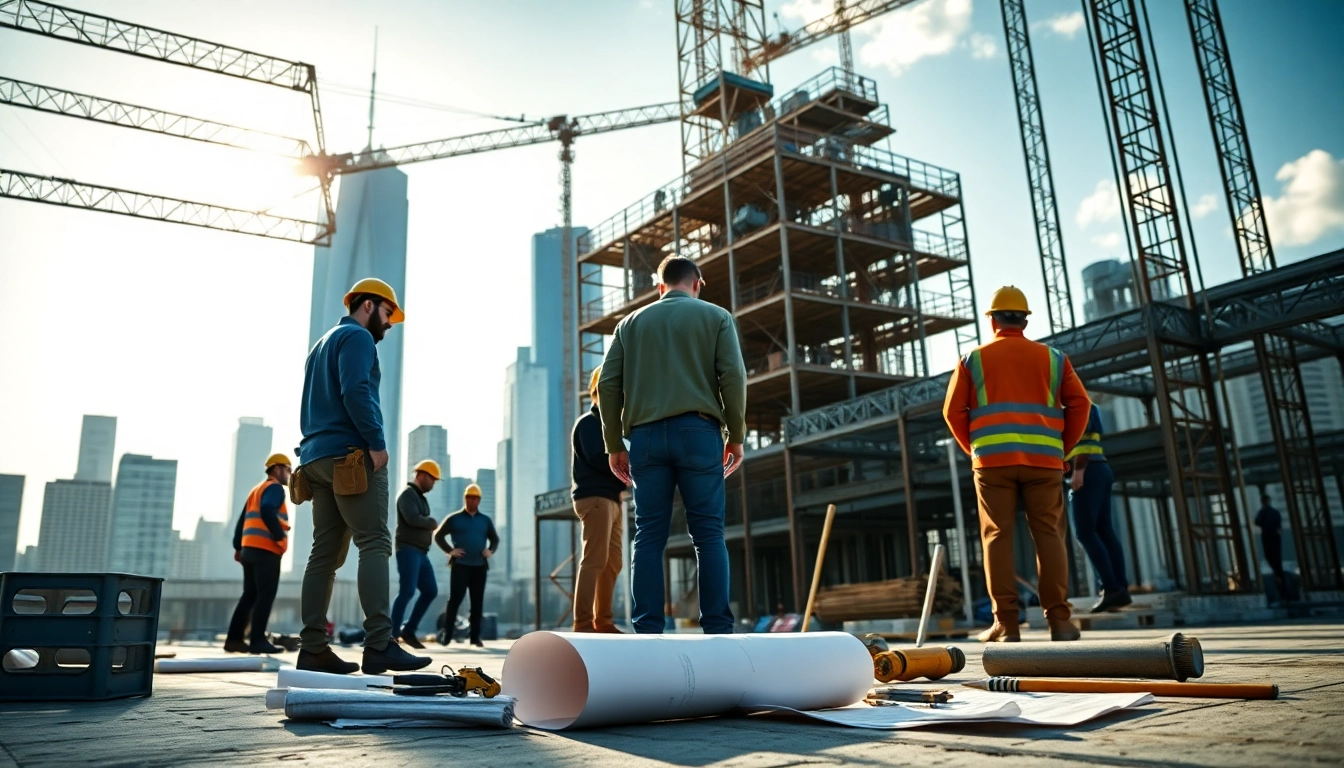 New York Commercial General Contractor supervising a diverse team on a construction site, showcasing teamwork and precision.