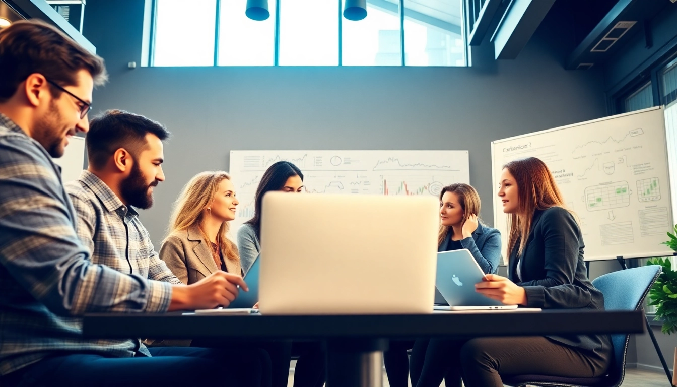 Explore the concept of social trading with professionals collaborating on strategies.