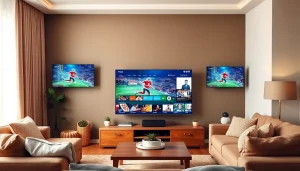 Comprar IPTV en un elegante salón con televisión mostrando deportes en directo.