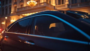 Experience excellence with a vip chauffeur service in a luxury vehicle outside a grand hotel.
