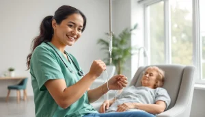 Administering iv infusion near me in a serene clinic environment with a nurse and patient.