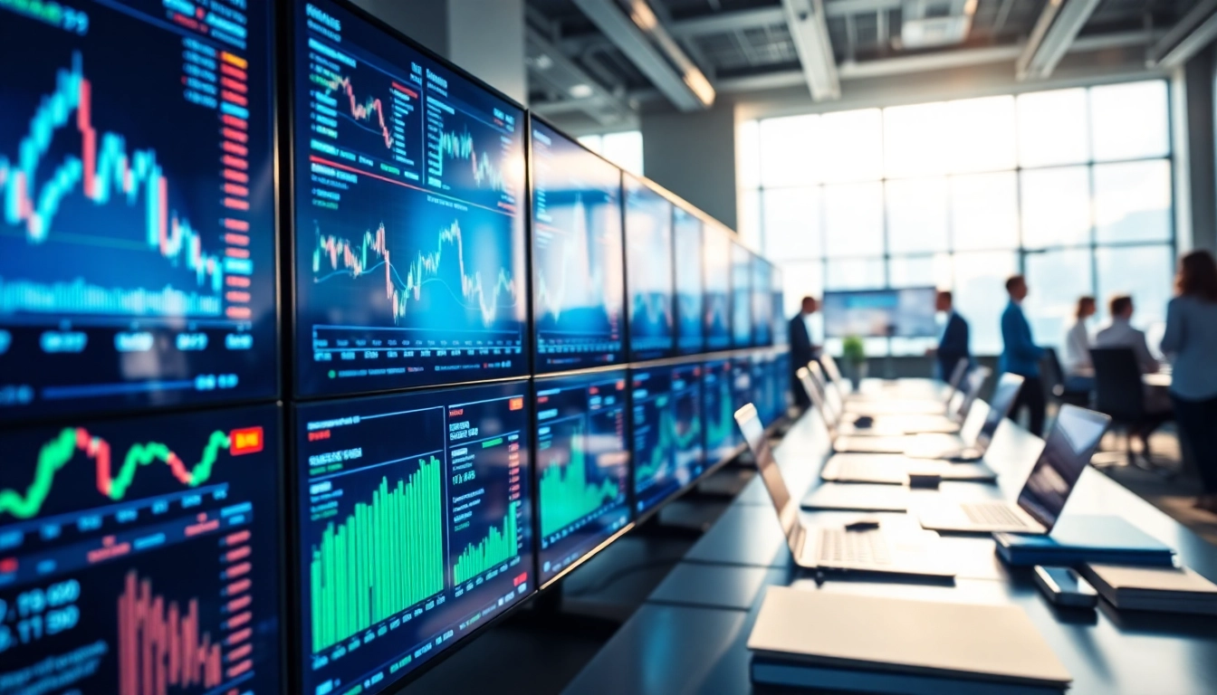 Sway Markets trading chart analysis in a modern office with professional traders working.