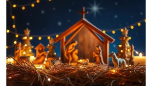 Display of Nativity sets with wooden figures, warm lighting, and a cozy ambiance.