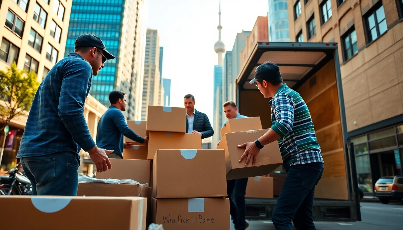 Efficient Toronto moving services team professionally packing and loading during a bustling urban move.